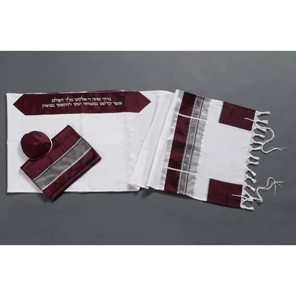 Wool Tallit With Bordeaux, Silver and Gray Decorations, Hand Made Bar Mitzvah Tallit, Man Tallit