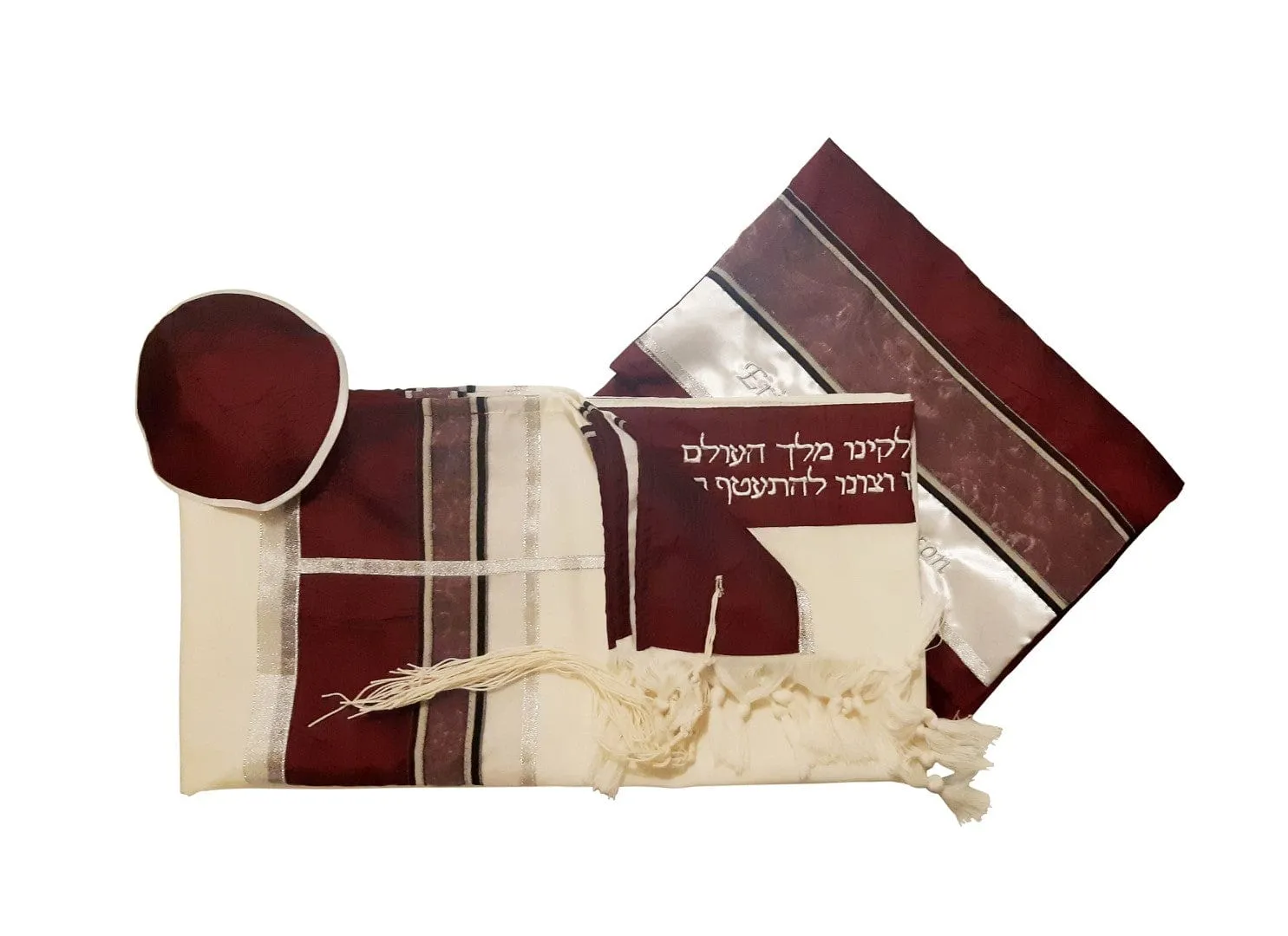 Wool Tallit With Bordeaux, Silver and Gray Decorations, Hand Made Bar Mitzvah Tallit, Man Tallit