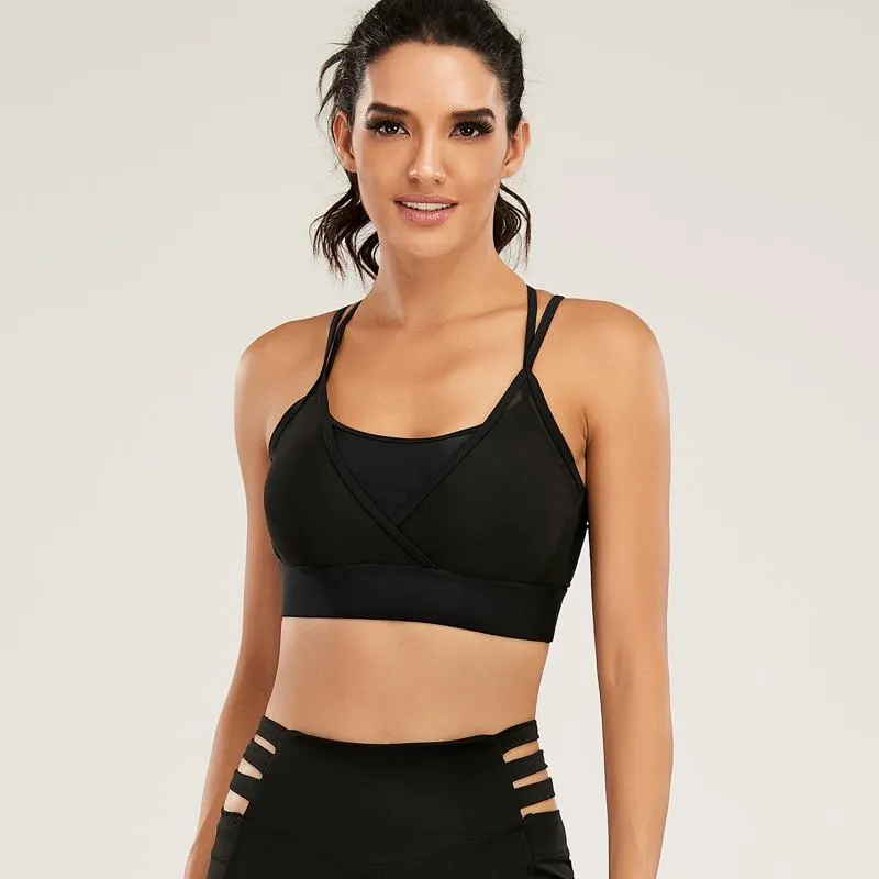 Yoga Black Tight-Fitting Sports Fitness Running Patchwork Mesh Sports Bra