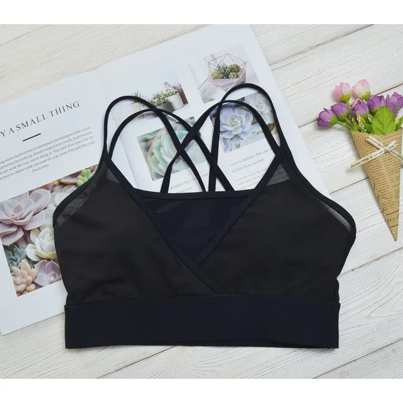 Yoga Black Tight-Fitting Sports Fitness Running Patchwork Mesh Sports Bra