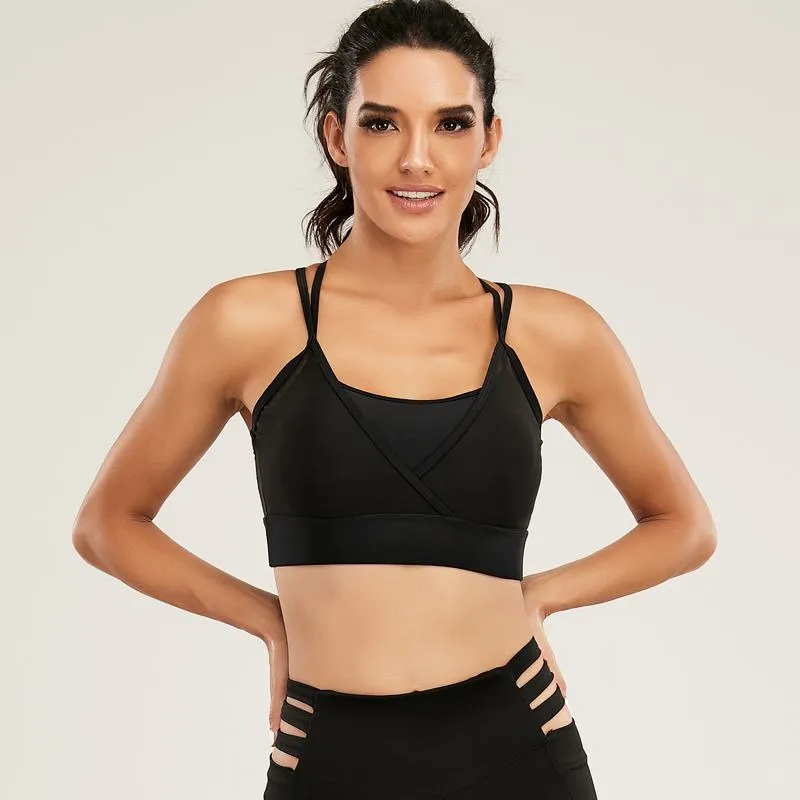 Yoga Black Tight-Fitting Sports Fitness Running Patchwork Mesh Sports Bra