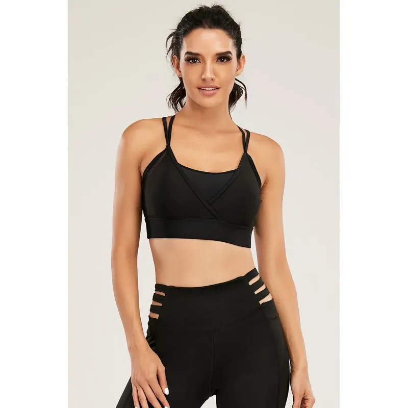 Yoga Black Tight-Fitting Sports Fitness Running Patchwork Mesh Sports Bra