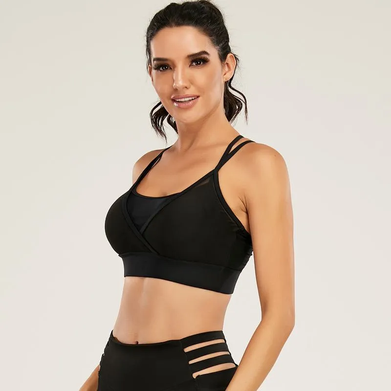 Yoga Black Tight-Fitting Sports Fitness Running Patchwork Mesh Sports Bra